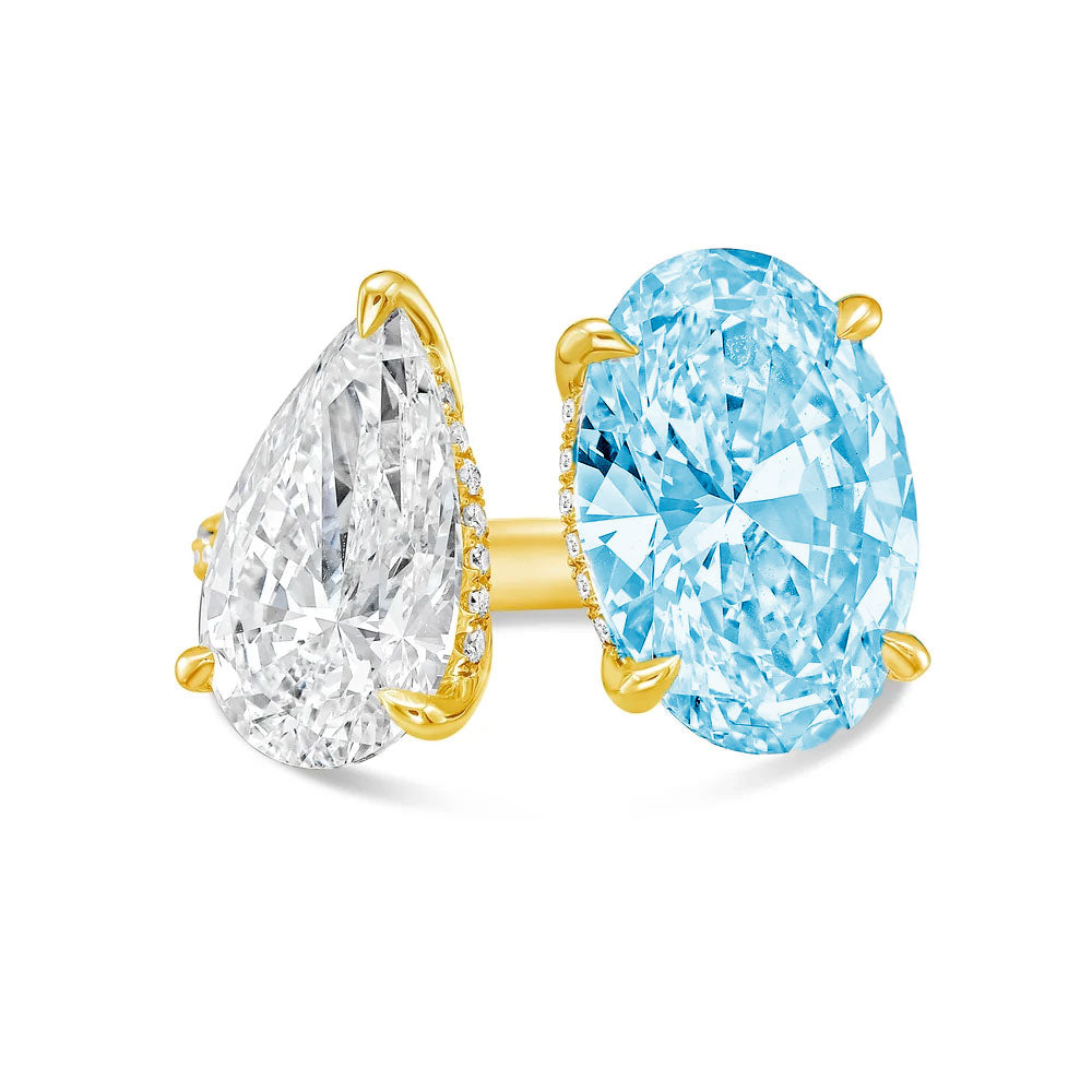 Lab-Grown Toi et Moi Ring with White Pear and Blue Oval Diamonds in 14K Yellow Gold