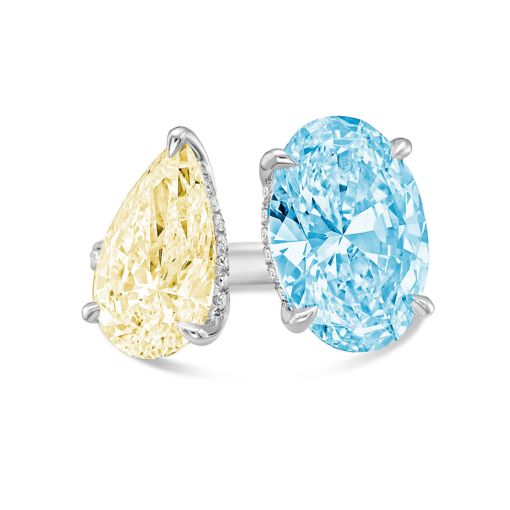 Lab-Grown Toi et Moi Ring with Yellow Pear and Blue Oval Diamonds in 14K White Gold