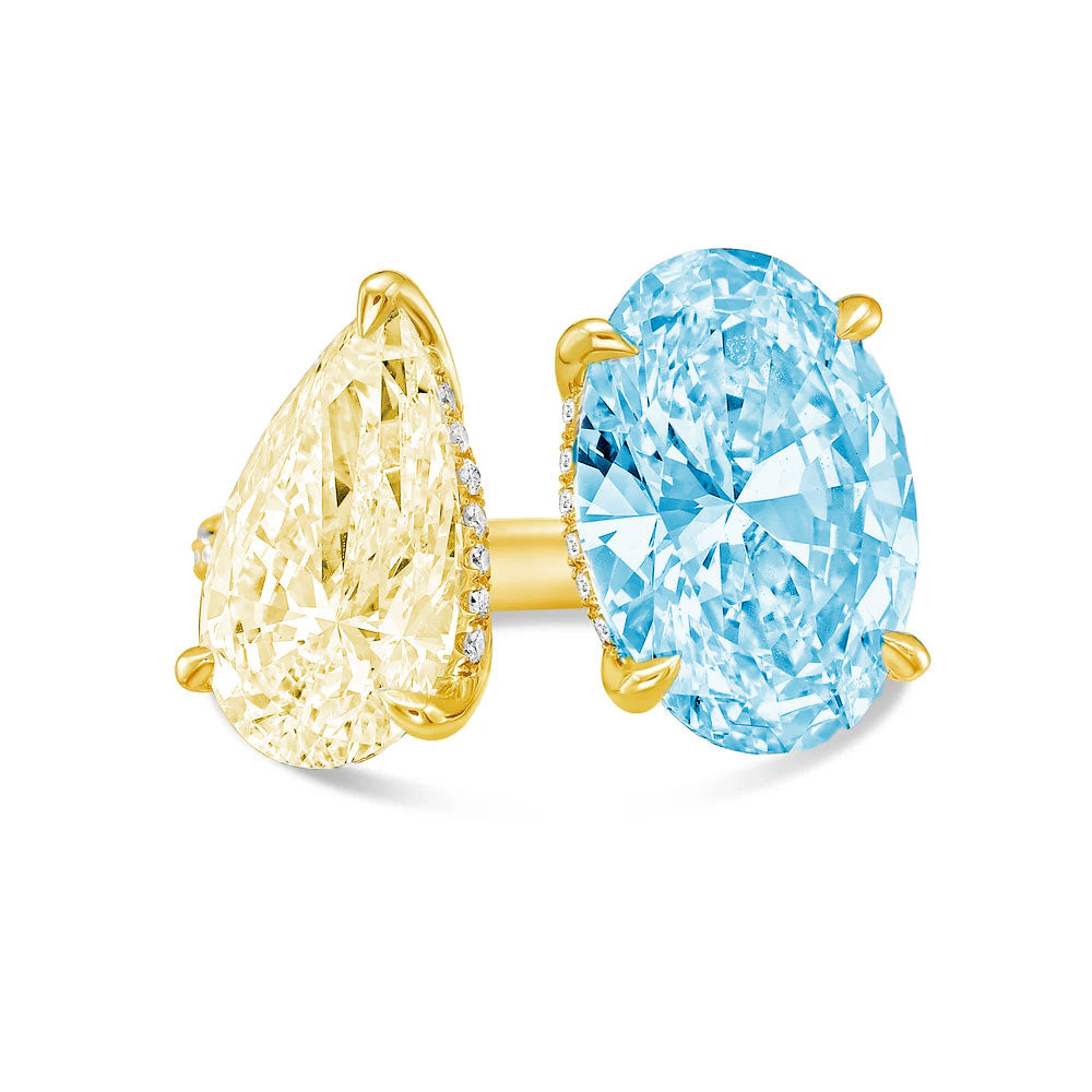 Lab-Grown Toi et Moi Ring with Yellow Pear and Blue Oval Diamonds in 14K Yellow Gold