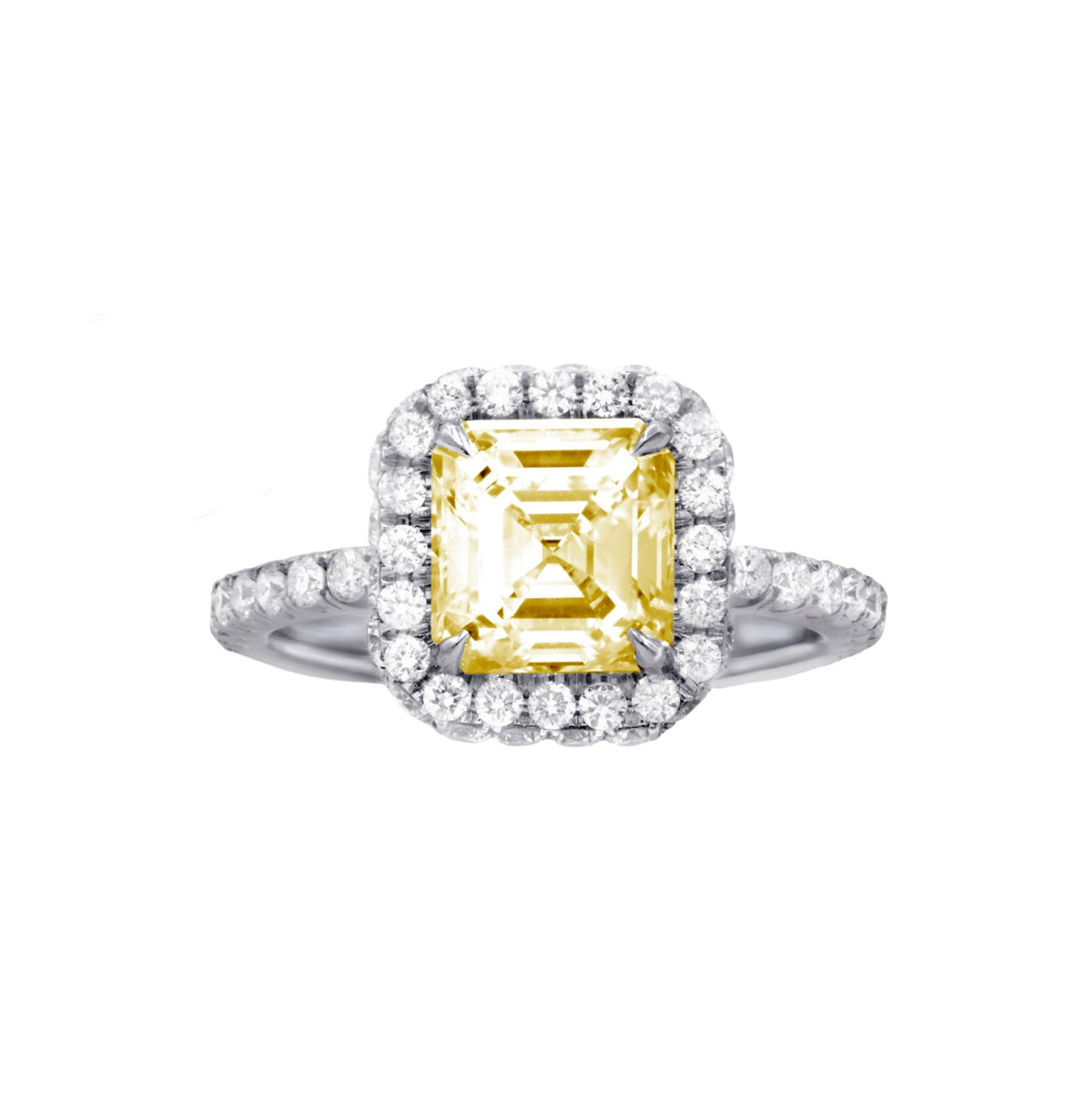 Lab-Grown Yellow Asscher Diamond Halo Ring with Micropavé Band in 14K White Gold