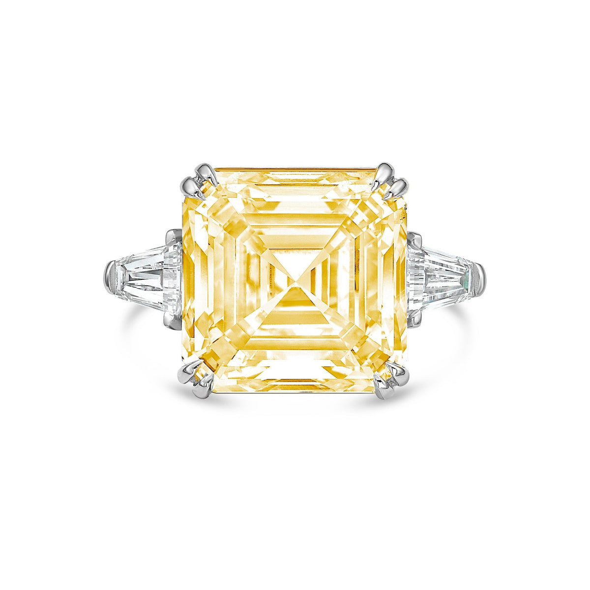 Lab-Grown Yellow Asscher Diamond Ring with Baguettes in 14K White Gold