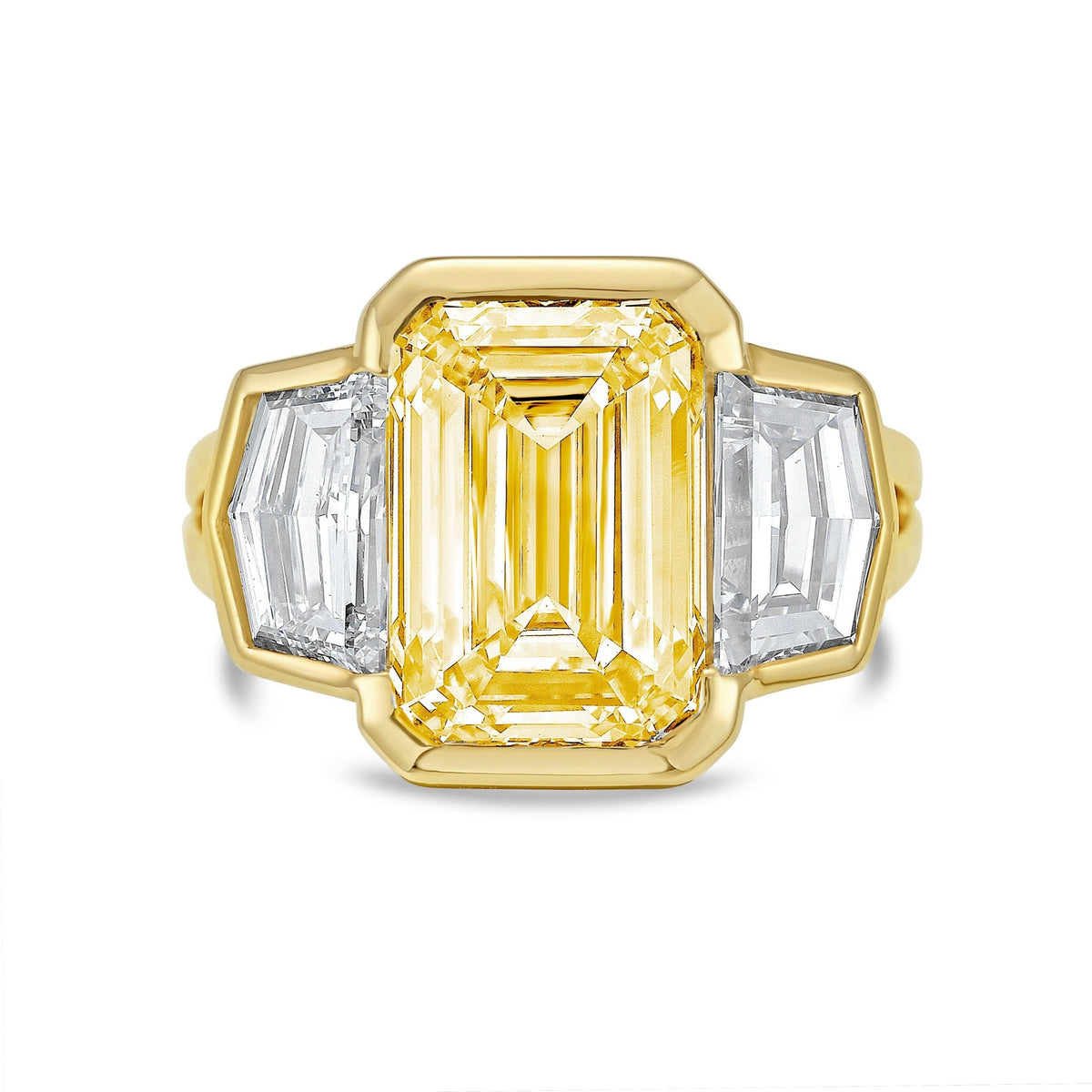 Lab-Grown Yellow Emerald Cut Bezel Ring with Cadillac Sides and Split Shank in 14K Yellow Gold