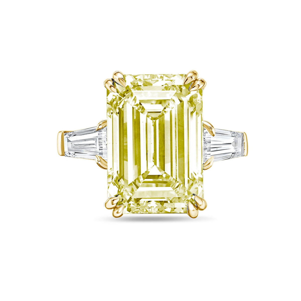 Lab-Grown Yellow Emerald Cut Diamond Ring with Baguettes, Double Claw in 14K Yellow Gold