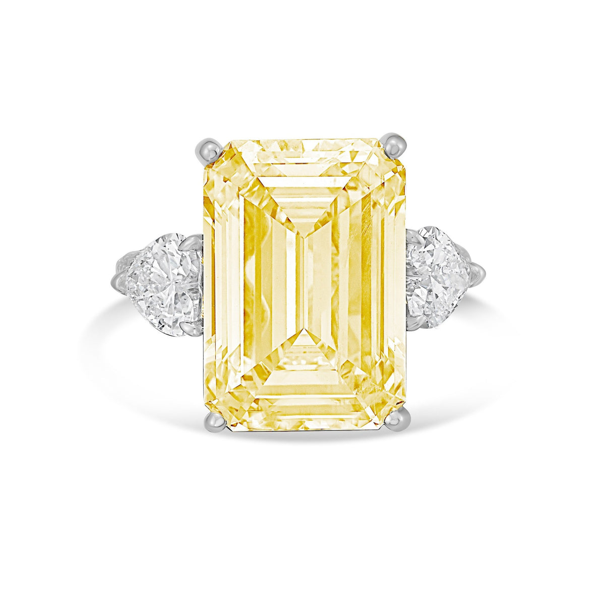 Lab-Grown Yellow Emerald Cut Diamond Ring with Heart Sides and Pavé Band in 14K White Gold