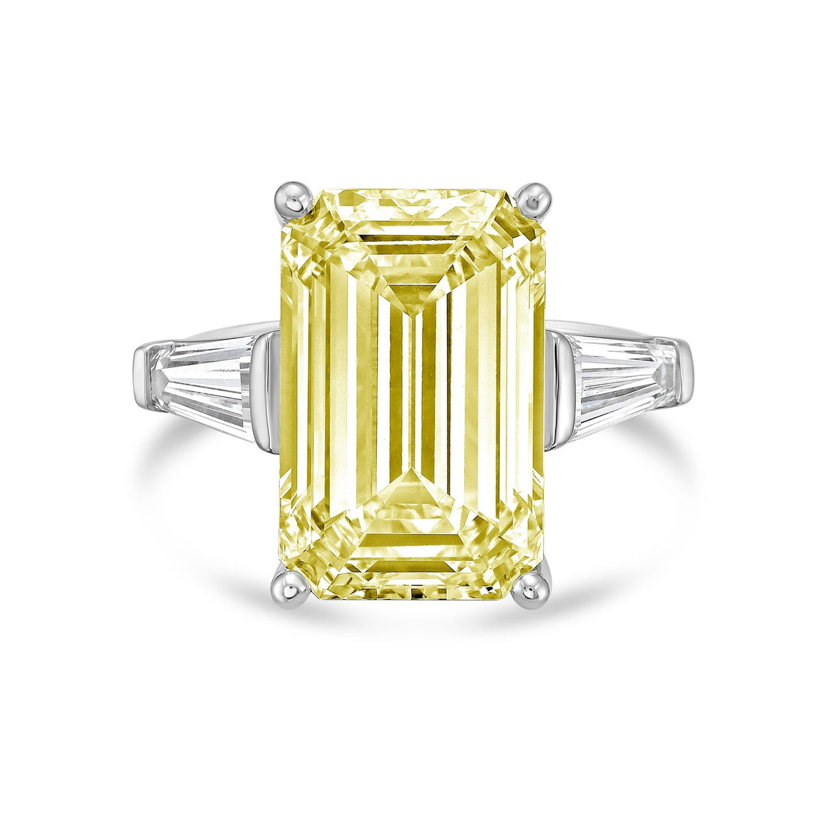 Lab-Grown Yellow Emerald Cut Diamond Ring with Long Baguettes in 14K White Gold