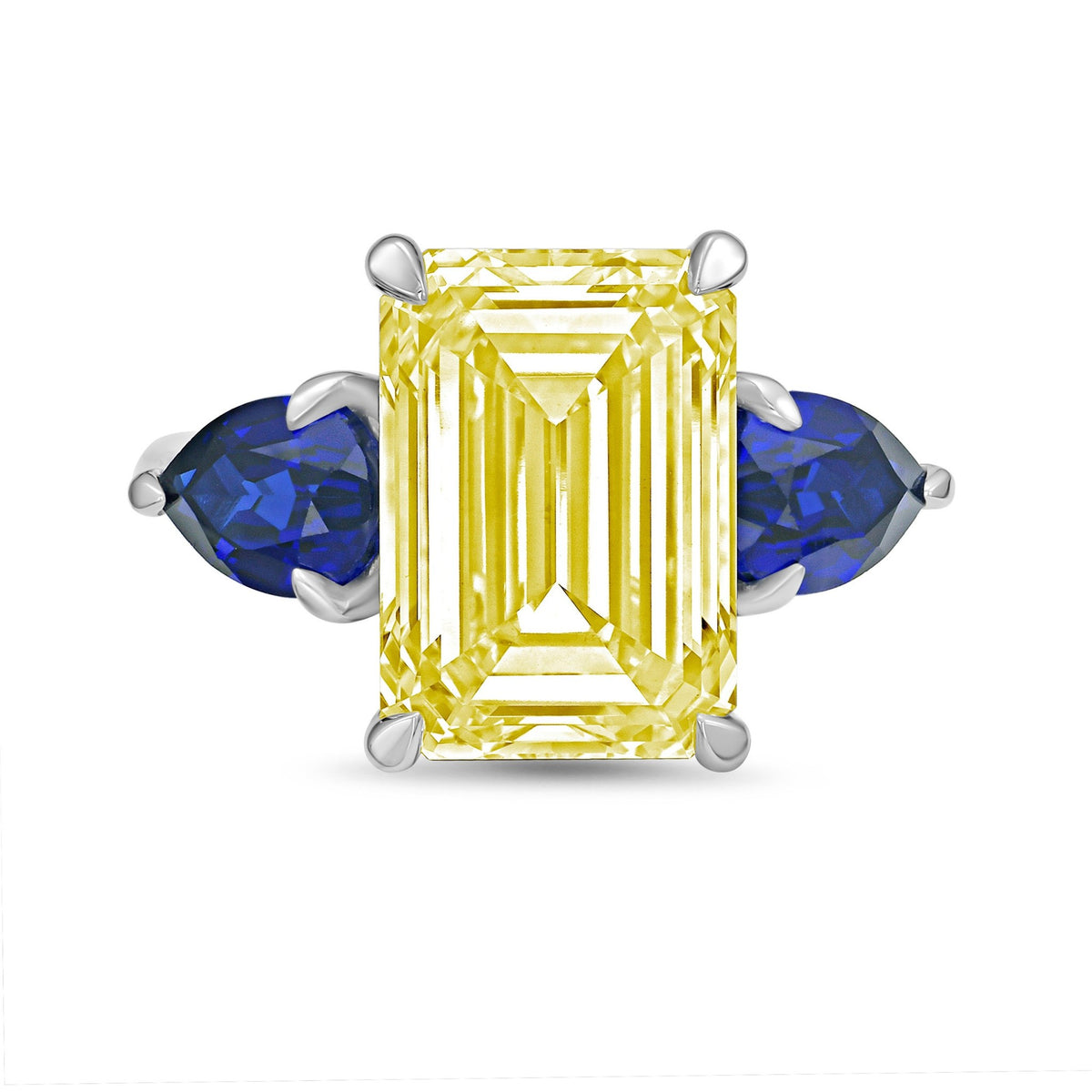 Lab-Grown Yellow Emerald Cut Diamond Ring with Pear Sapphire Sides in 14K White Gold