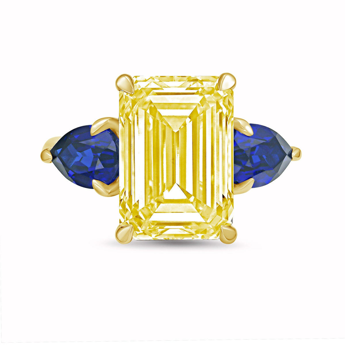 Lab-Grown Yellow Emerald Cut Diamond Ring with Pear Sapphire Sides in 14K Yellow Gold