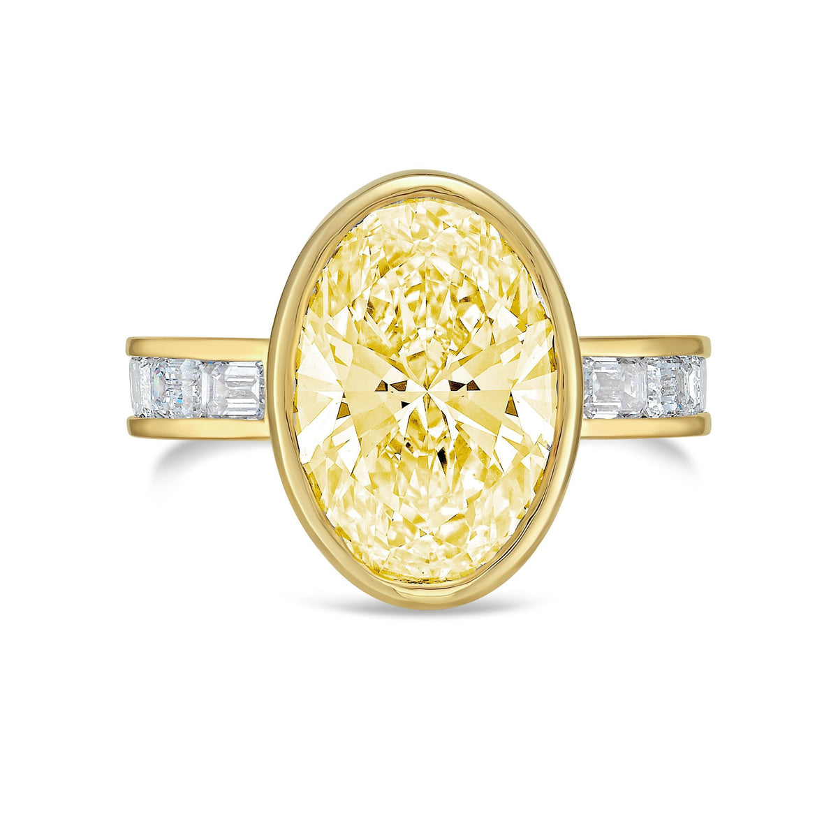 Lab-Grown Yellow Oval Bezel Diamond Ring with Channel-Set Emerald Band in 14K Yellow Gold