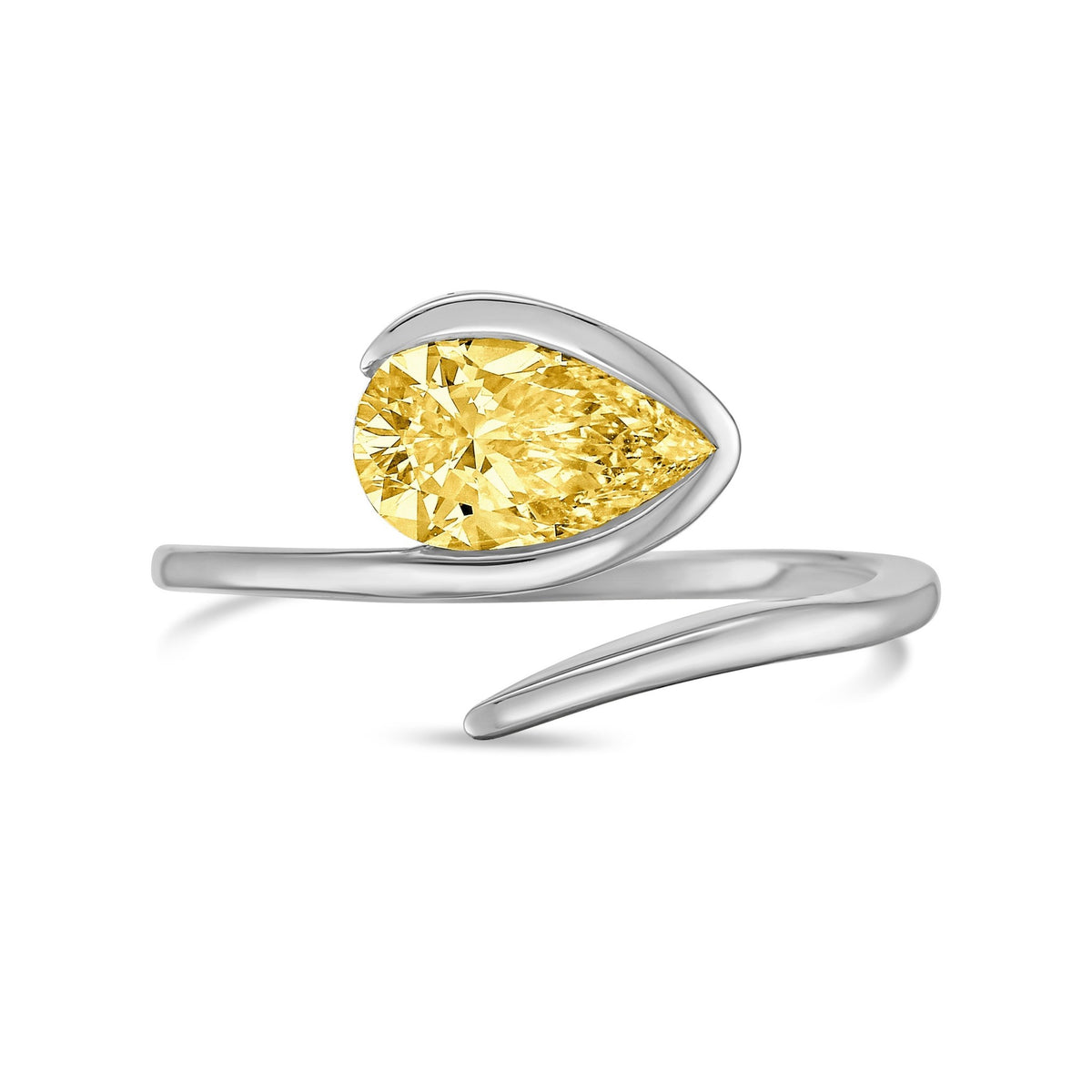 Lab-Grown Yellow Pear Diamond Bypass Ring with Open Band in 14K White Gold