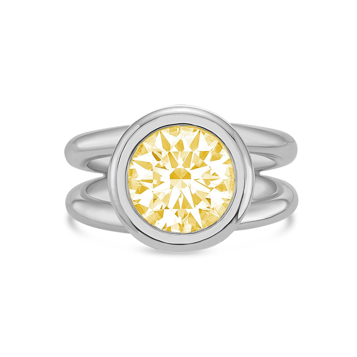 Lab-Grown Yellow Round Diamond Bezel Ring with Split Shank in 14K White Gold