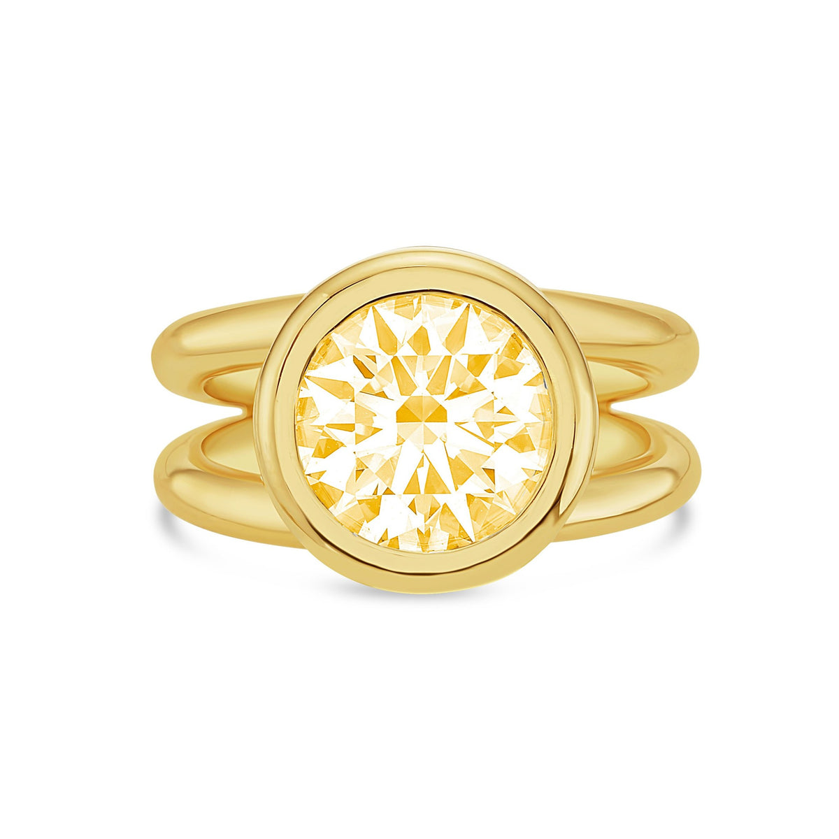 Lab-Grown Yellow Round Diamond Bezel Ring with Split Shank in 14K Yellow Gold