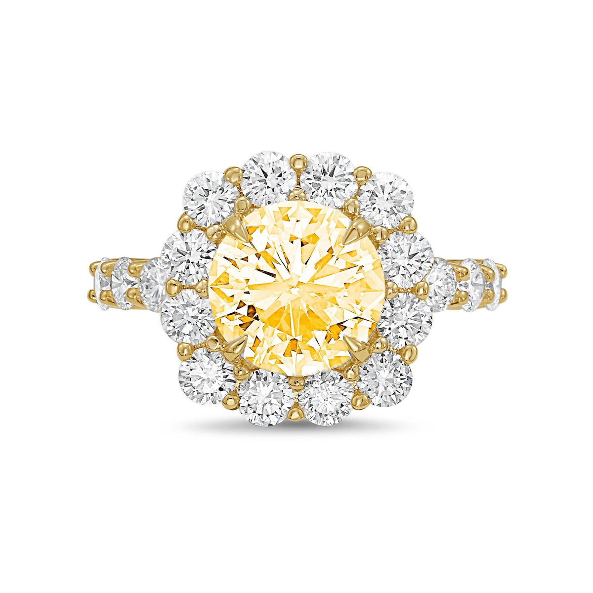 Lab-Grown Yellow Round Diamond Ring with Accent Halo and Diamond Band in 14K Yellow Gold