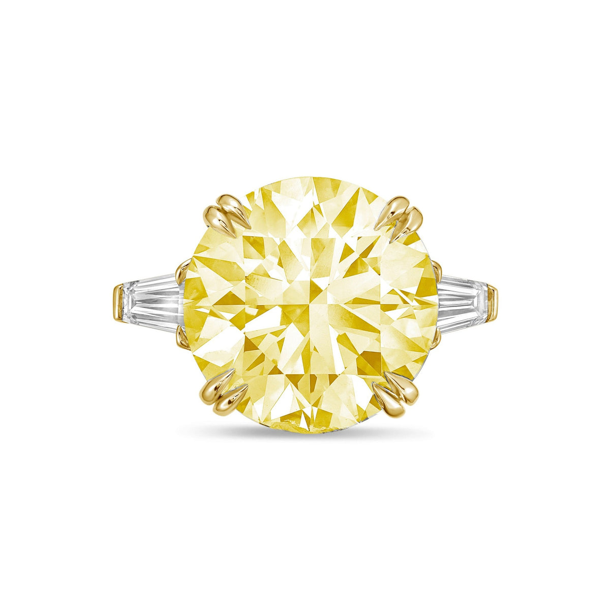 Lab-Grown Yellow Round Diamond Ring with Baguettes, Double Claw in 14K Yellow Gold