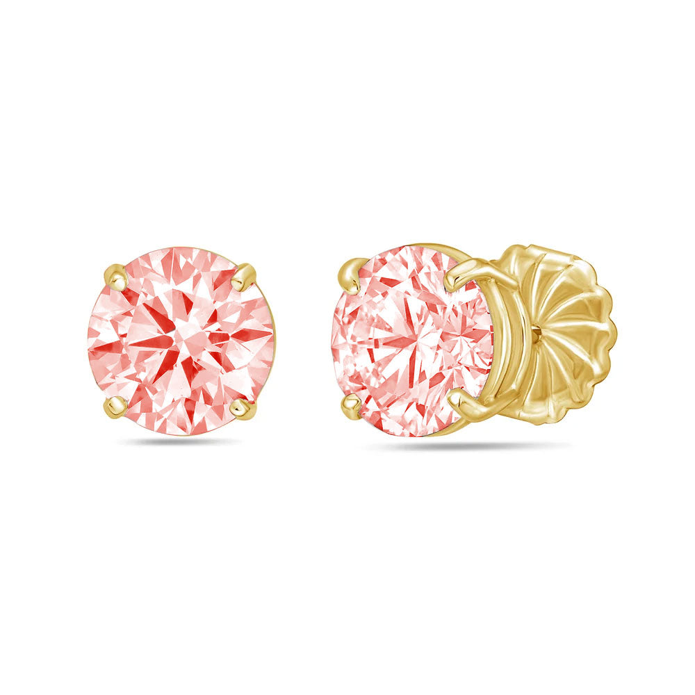 Lab-Grown Pink Round Diamond Stud Earrings, 4-Prong, 14K Gold