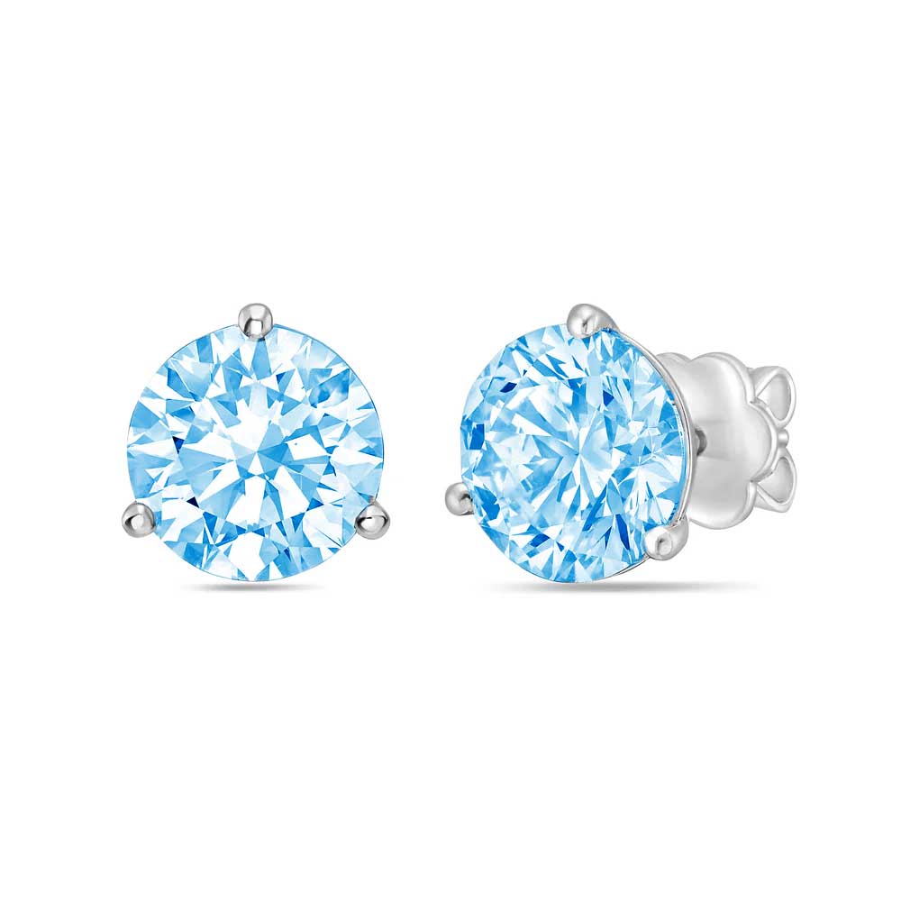 Lab-Grown Blue Round Diamond Martini Stud Earrings, 3-Prong, 14K Gold