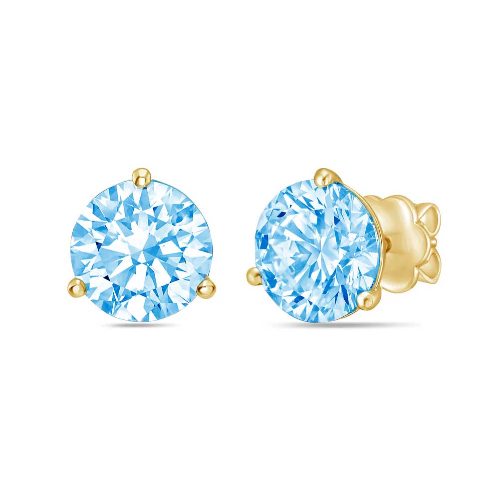 Lab-Grown Blue Round Diamond Martini Stud Earrings, 3-Prong, 14K Gold