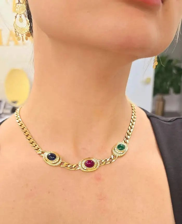 3 Gemstone Diamond Byzantine Gold Necklace