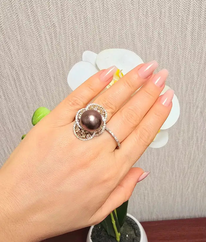 Pearl and Pink Diamond Flower Ring
