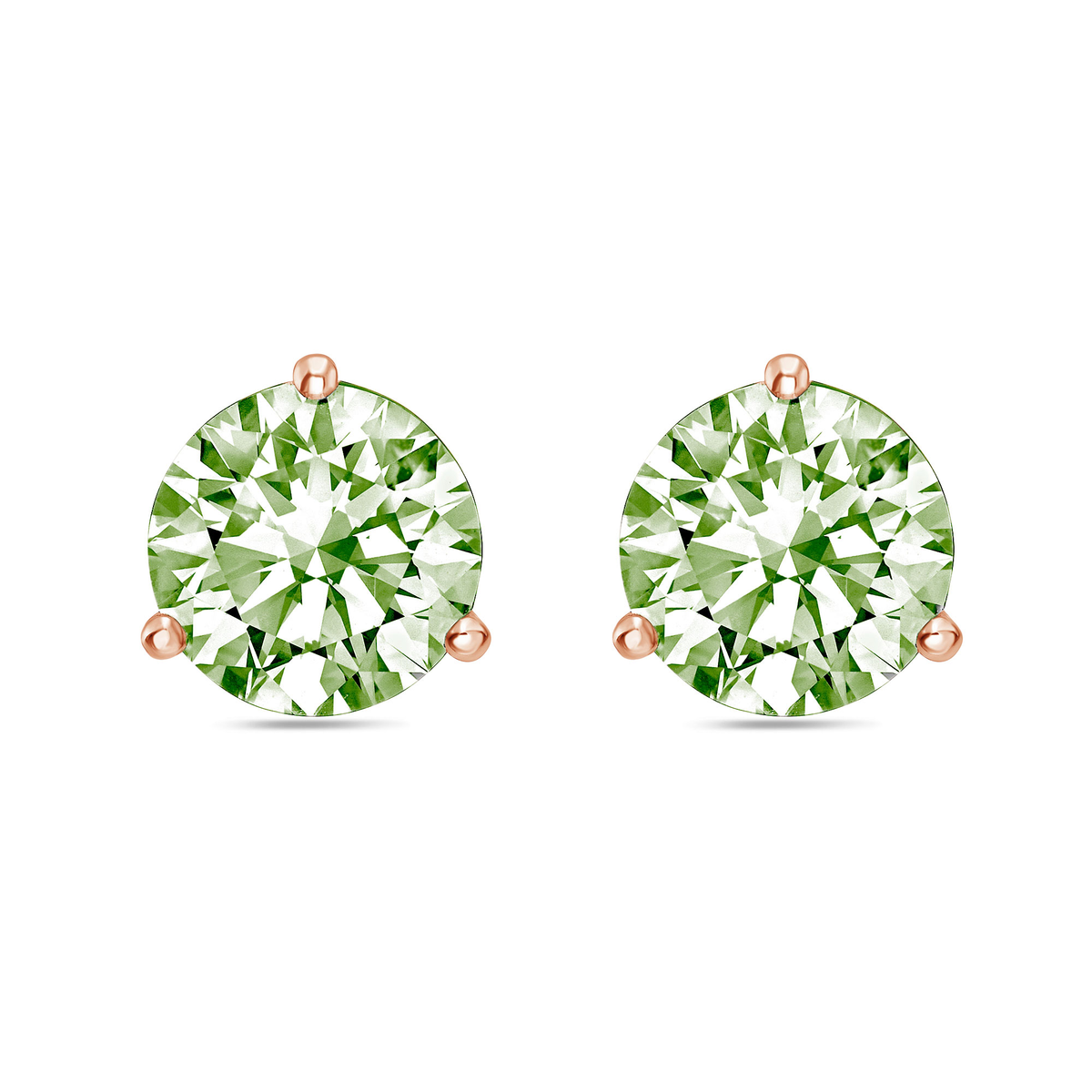 Lab-Grown Green Round Diamond Martini Stud Earrings, 3-Prong, 14K Gold
