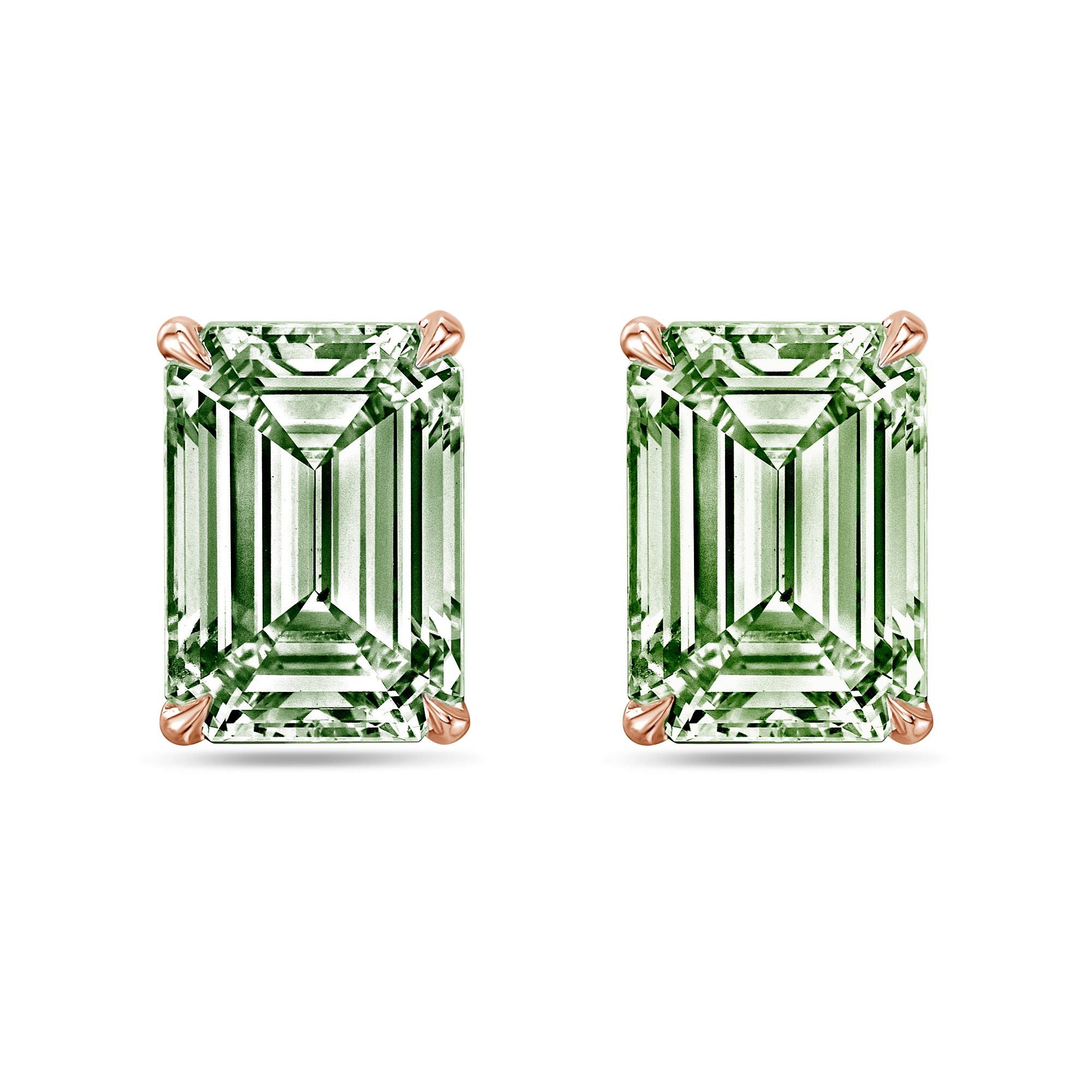 Lab-Grown Green Emerald Diamond Stud Earrings, 4-Prong, 14K Gold