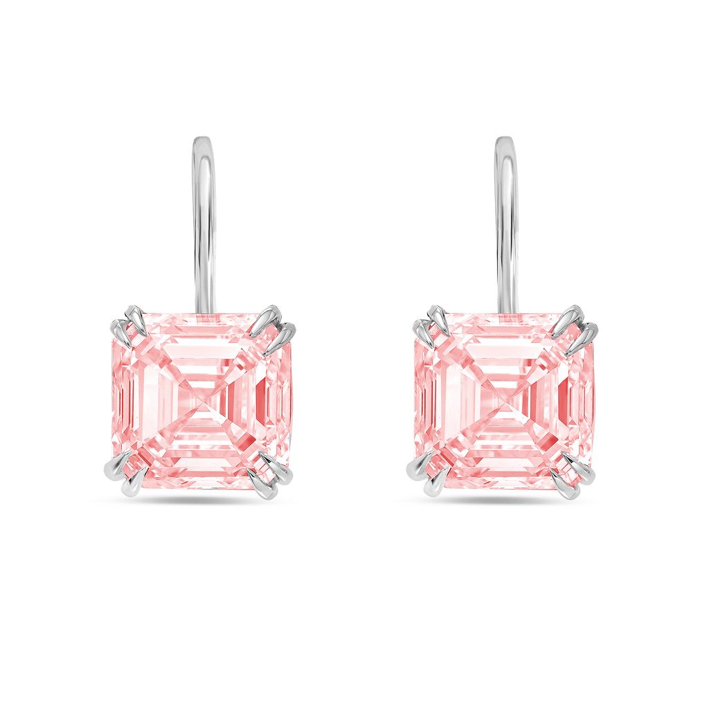 Lab-Grown Asscher Cut Pink Diamond Drop Earrings, 14K Gold