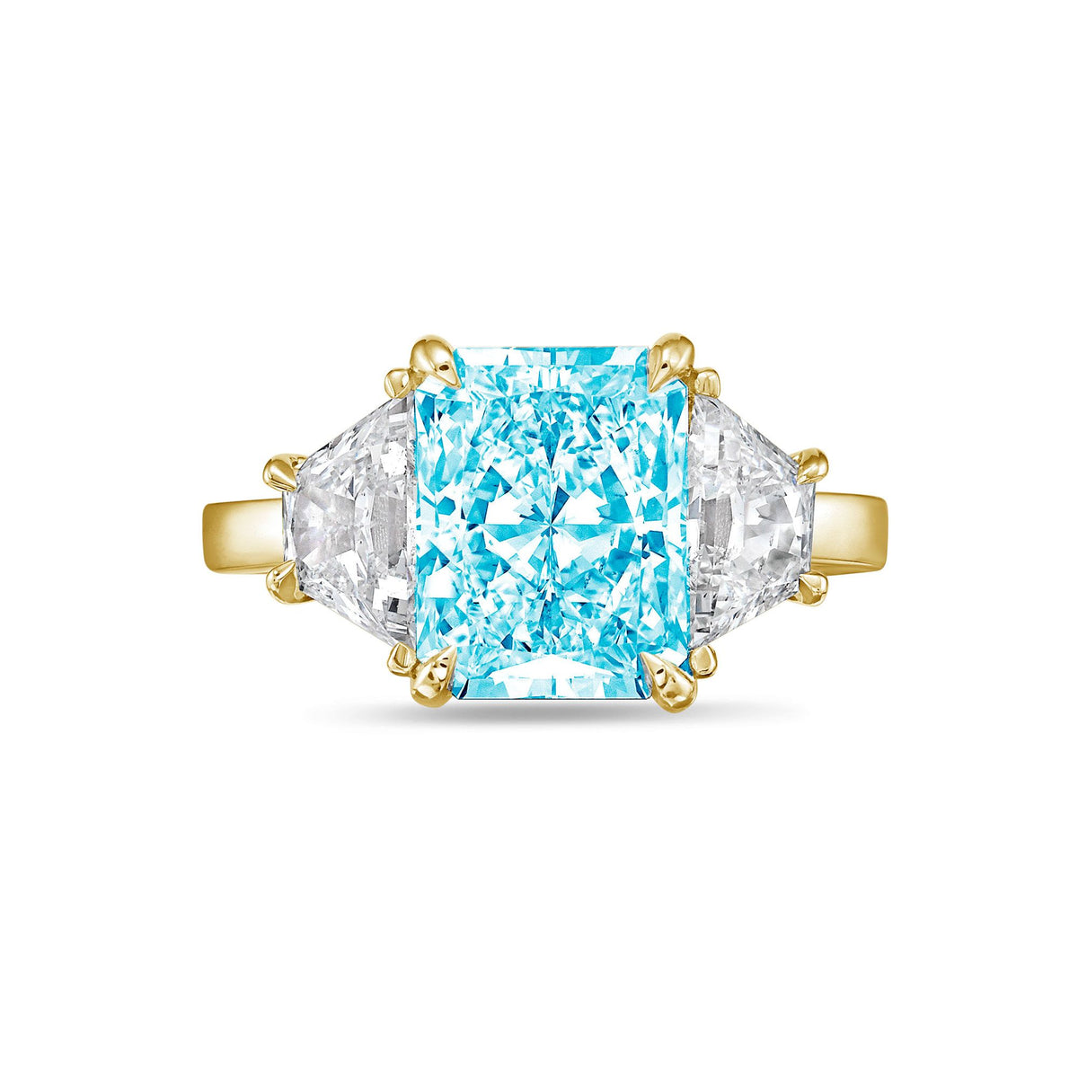Lab-Grown Blue Radiant Three-Stone Engagement Ring with Trapezoids, 14K Gold
