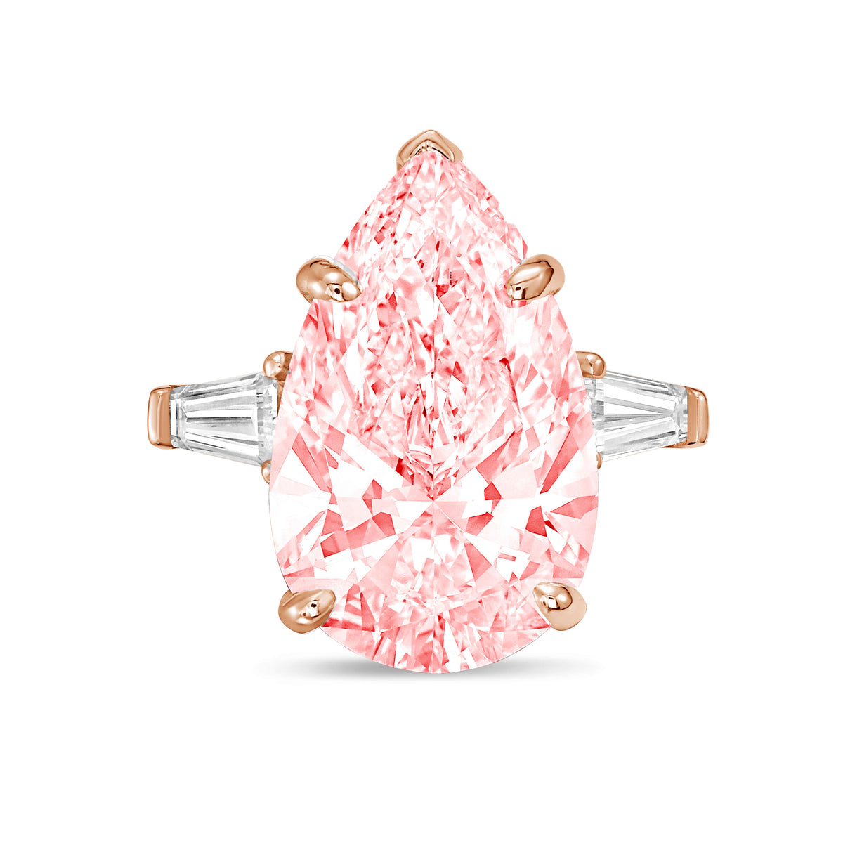 Lab-Grown Pink Pear Diamond Ring with Baguettes, 14K Gold