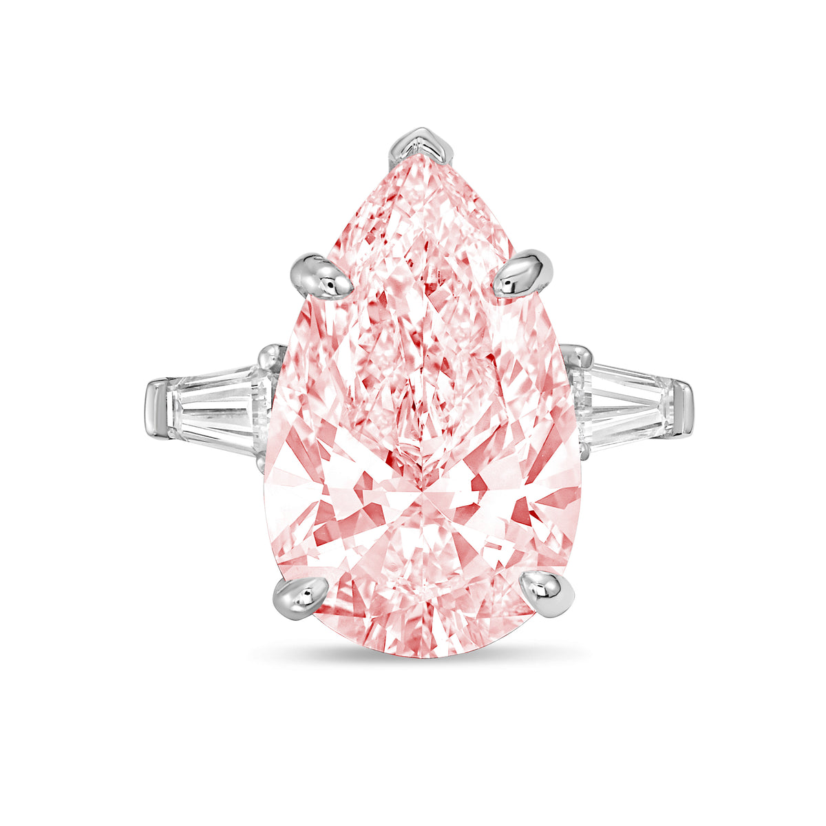 Lab-Grown Pink Pear Diamond Ring with Baguettes, 14K Gold