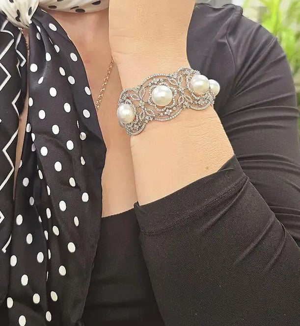 Tahitian Pearl And Diamond Flower Bracelet