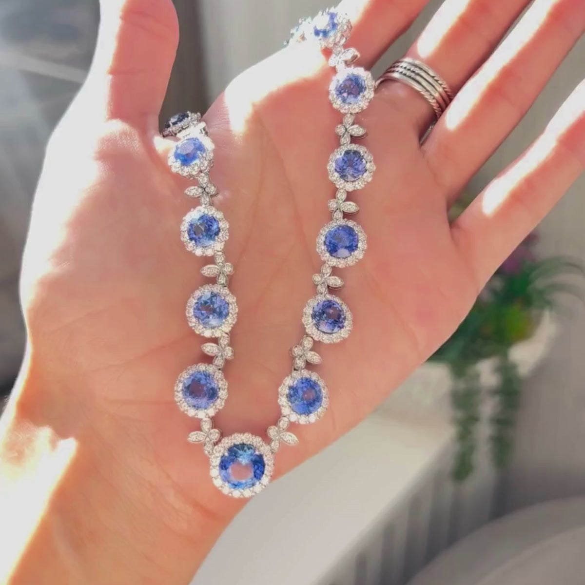 Ceylon Sapphire Diamond Halo Necklace
