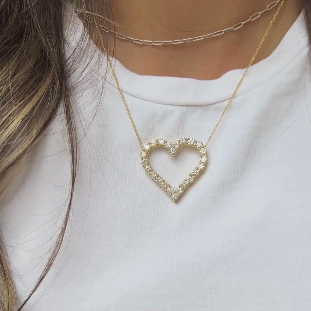 Diamond open heart necklace with 24 round diamonds in yellow gold