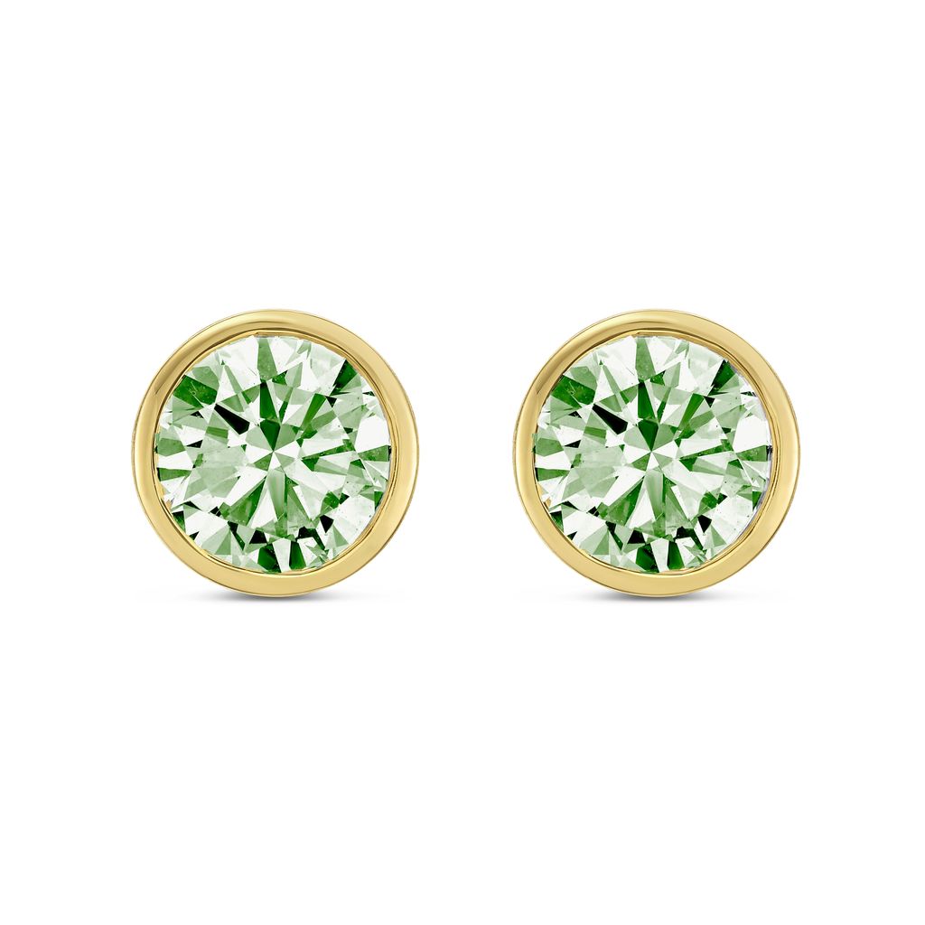 Lab-Grown Bezel Round Green Diamond Studs, 14K Gold