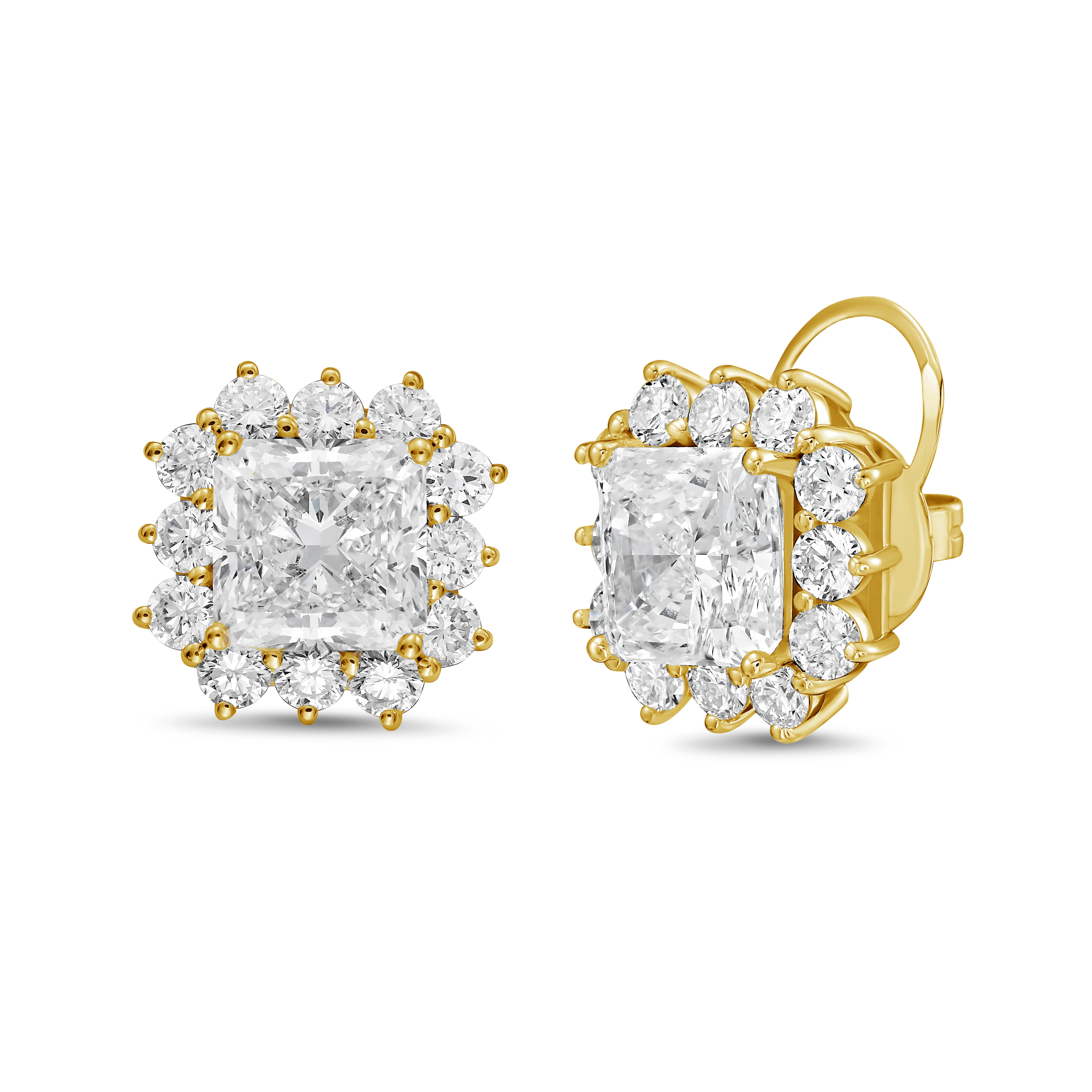 Side view of 14k yellow gold radiant cut diamond sunburst halo earrings