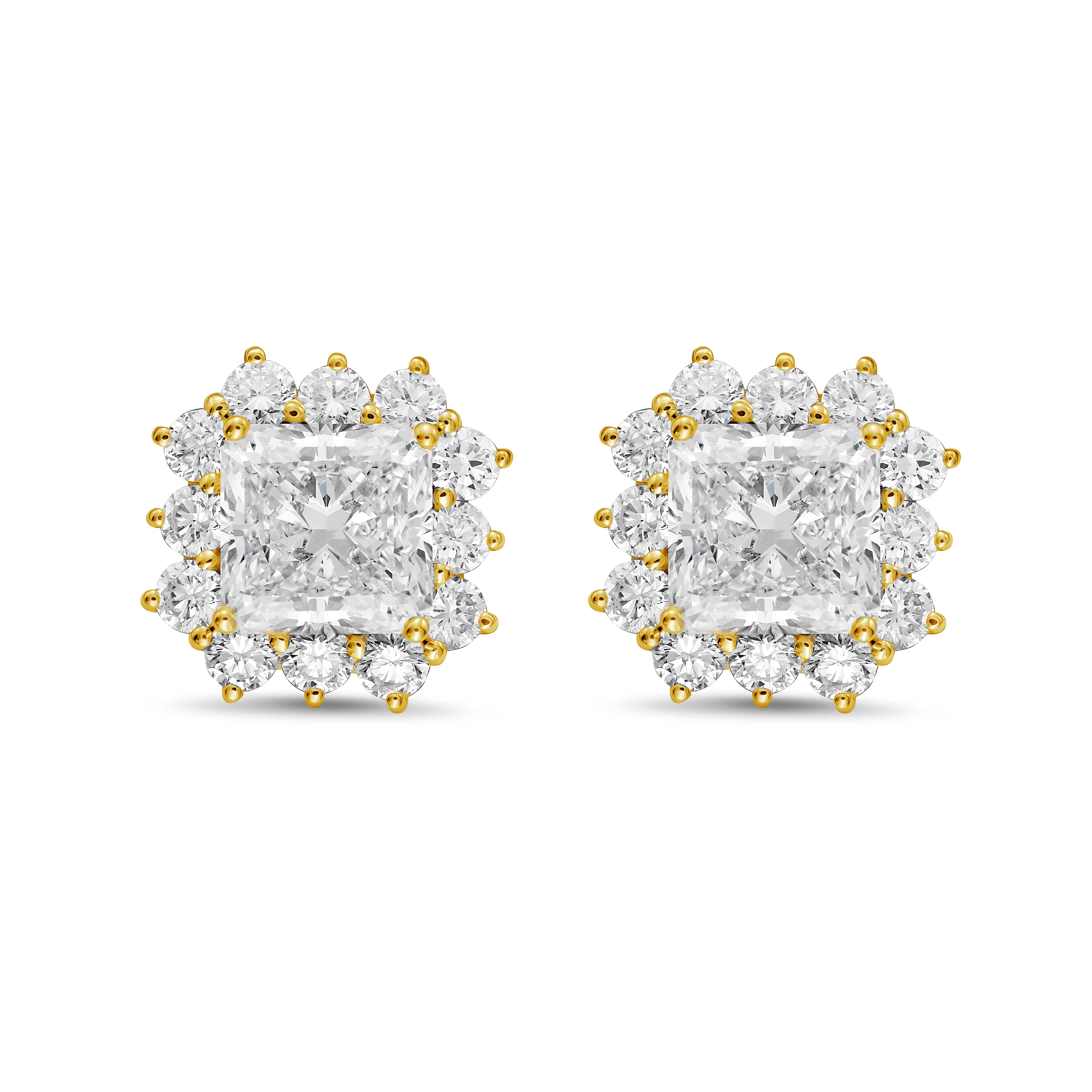 Lab-grown radiant cut diamond sunburst halo earrings shown in 14k yellow gold