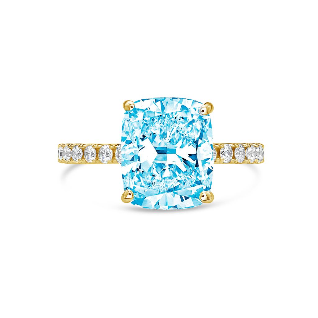 Lab-Grown Cushion Cut Blue Diamond Pavé Engagement Ring, 14K Gold