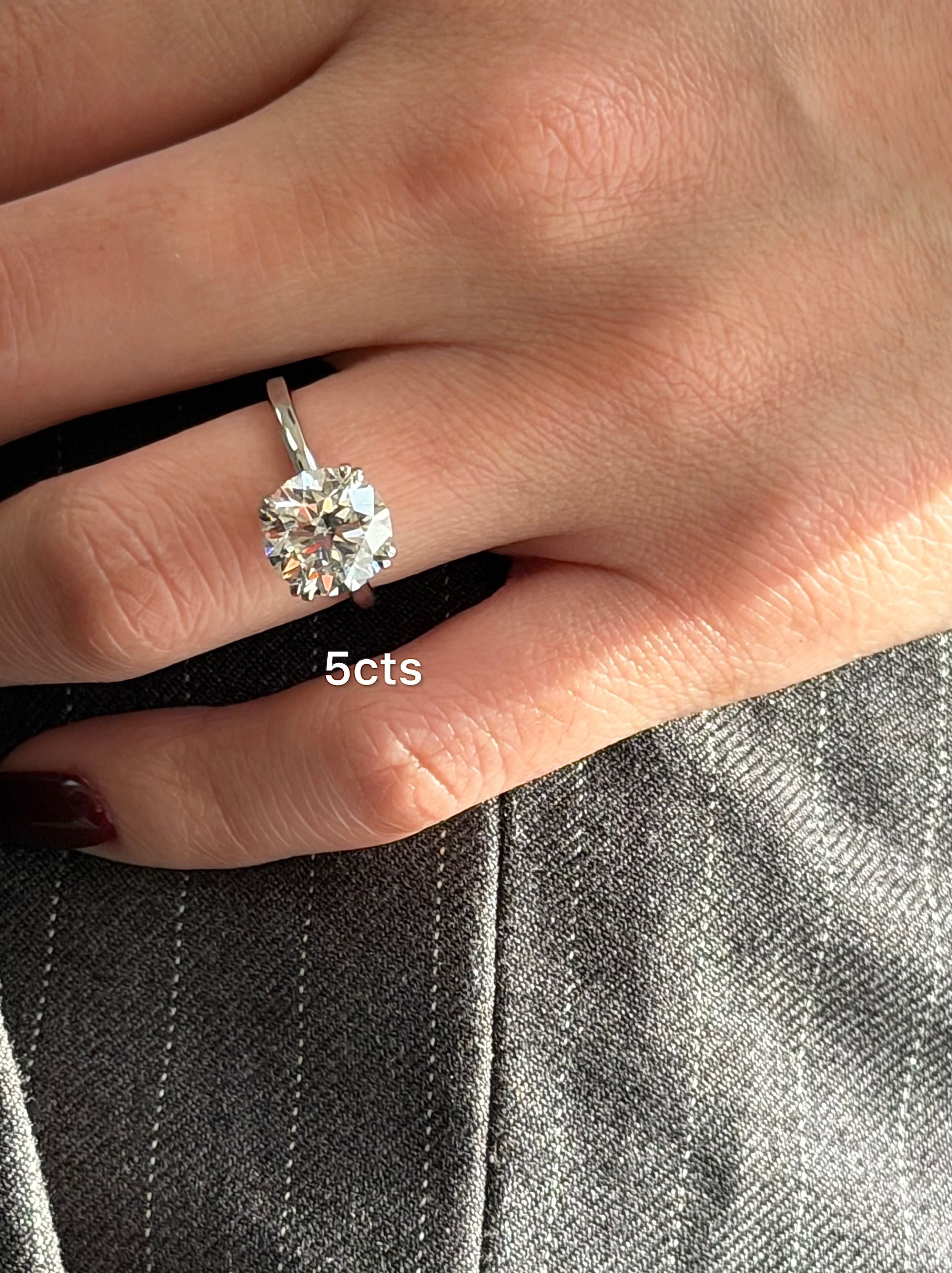 Diamond ring with 5 carats on a finger against a gray background