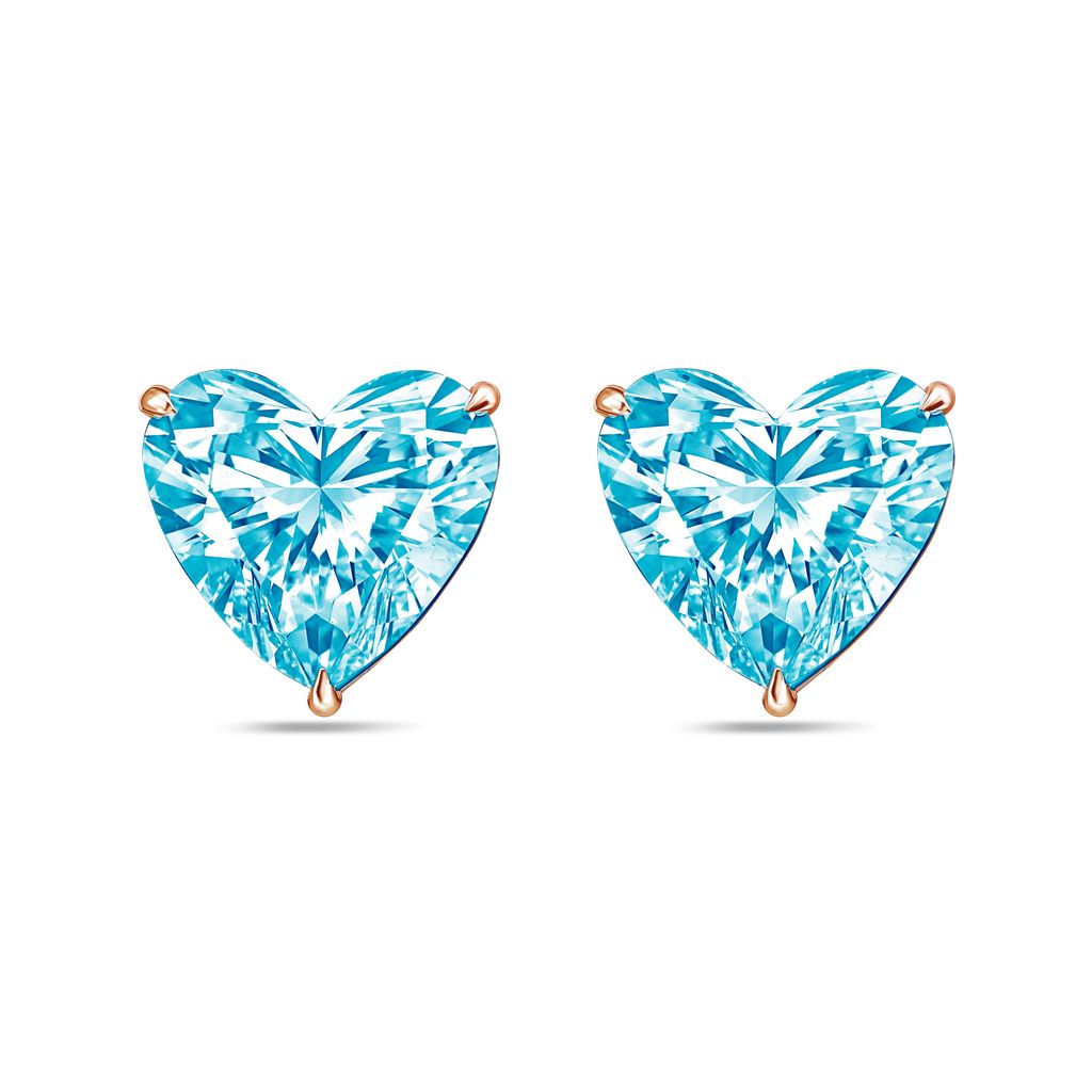 Lab-Grown Blue Heart Diamond Stud Earrings, 4-Prong, 14K Gold