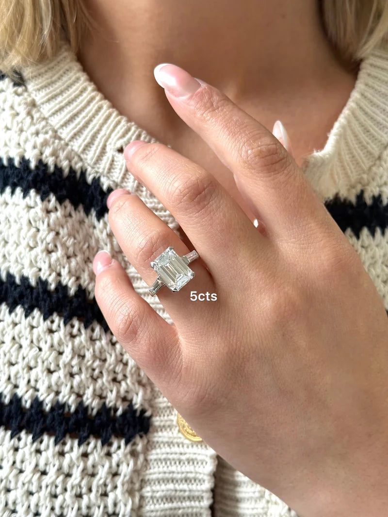 Lab Grown Emerald Cut Ring with Baguettes