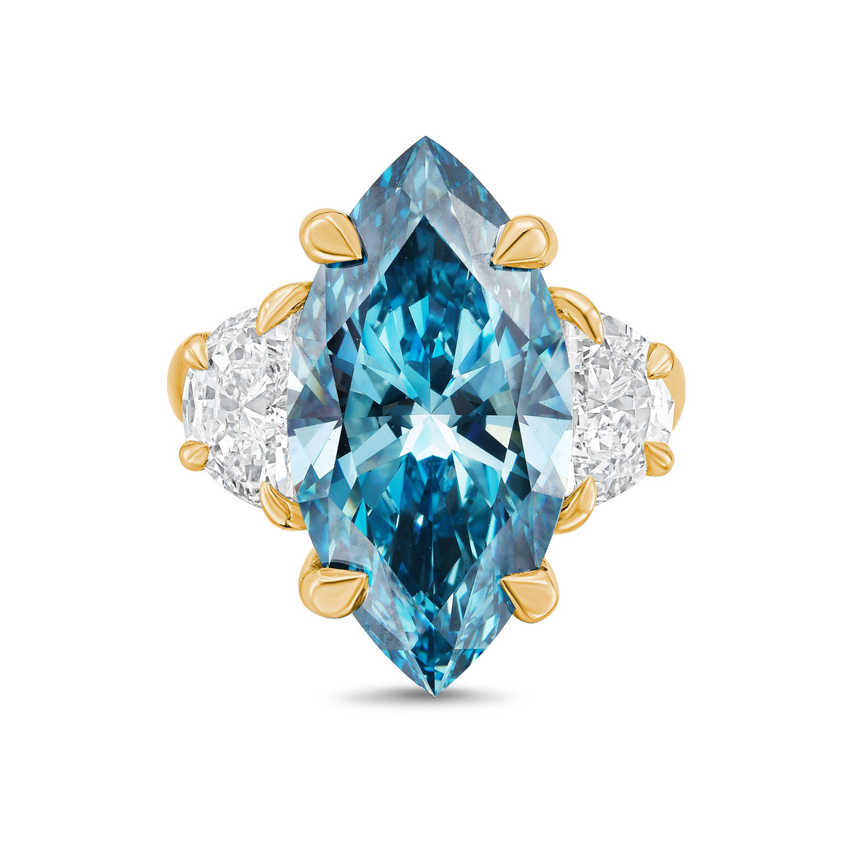Lab Grown Blue Marquise Cut Diamond with Two Half Moons on Sides Engagement Ring, 14K Gold