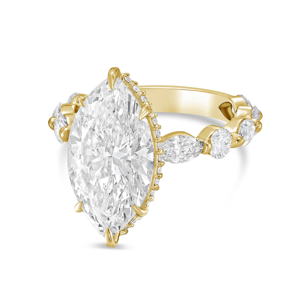 Lab-Grown Marquise Diamond Engagement Ring with Multi-Shaped Side Stone Band and Hidden Halo, 14K Gold
