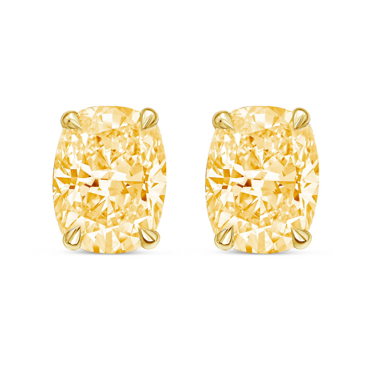 Lab-Grown Yellow Cushion Cut Diamond Stud Earrings, 4-Prong, 14K Gold