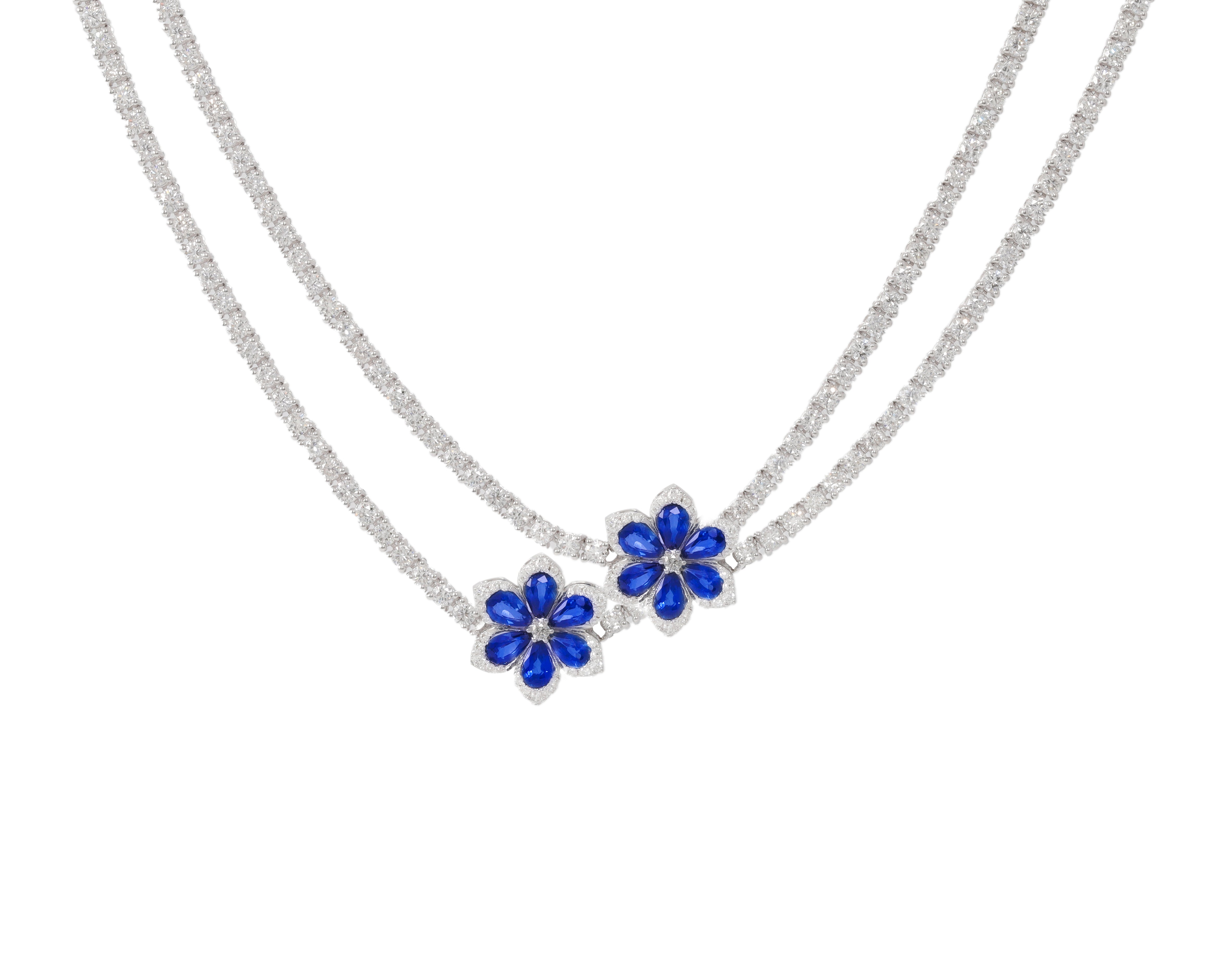 18kt white Gold Sapphire and Diamond Flower Tennis Necklace