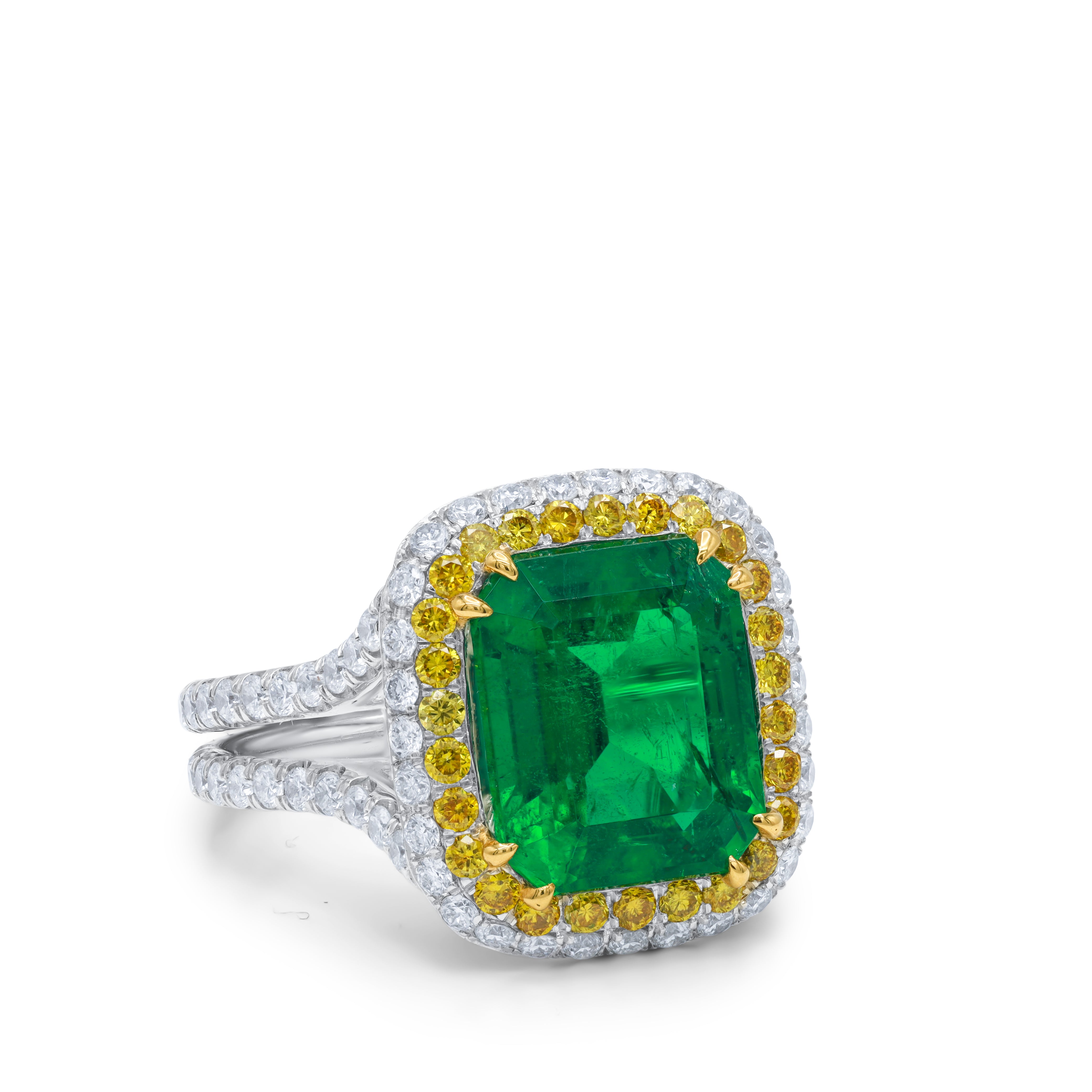 Yellow Diamond Halo Emerald Ring