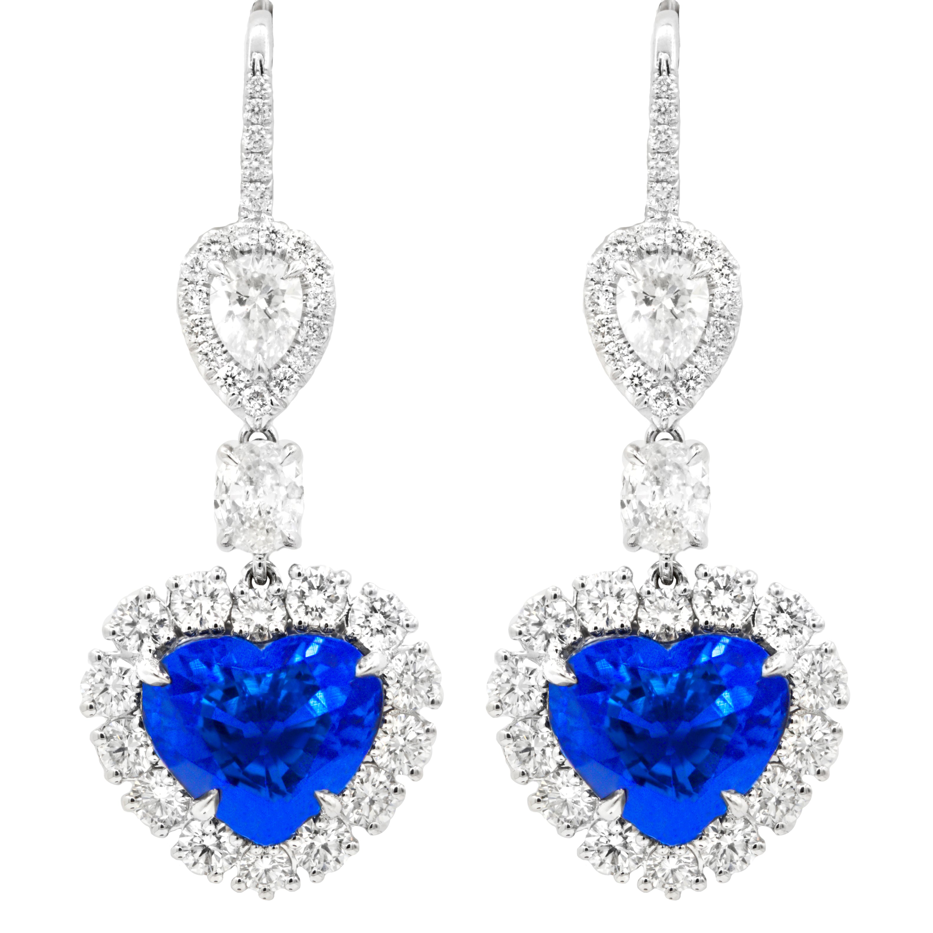 18K white gold sapphire diamond heart halo earrings, 12.74ct sapphires, 5.00ct diamonds, AGL certified