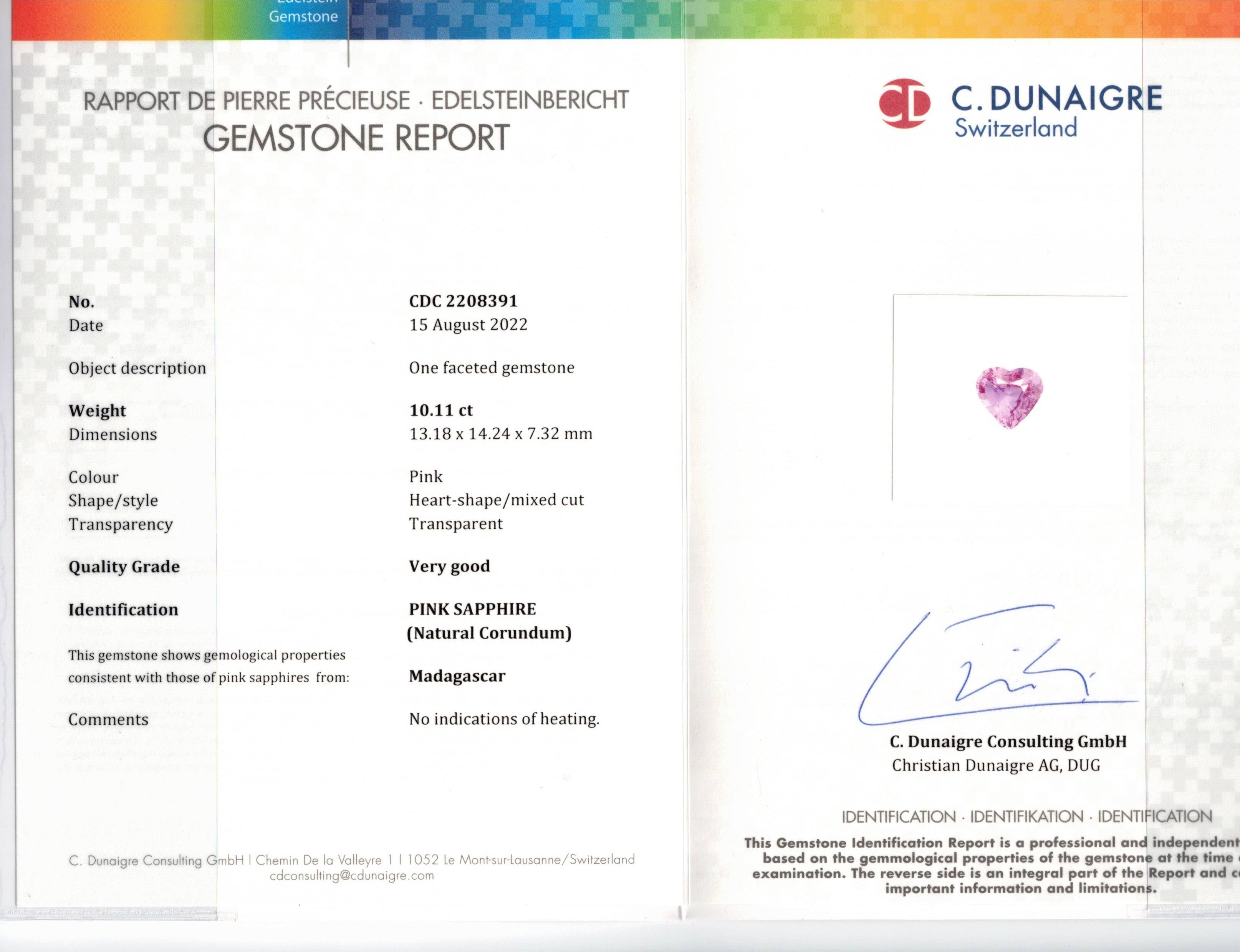 Gemstone report with Dunaigre logo on a white background