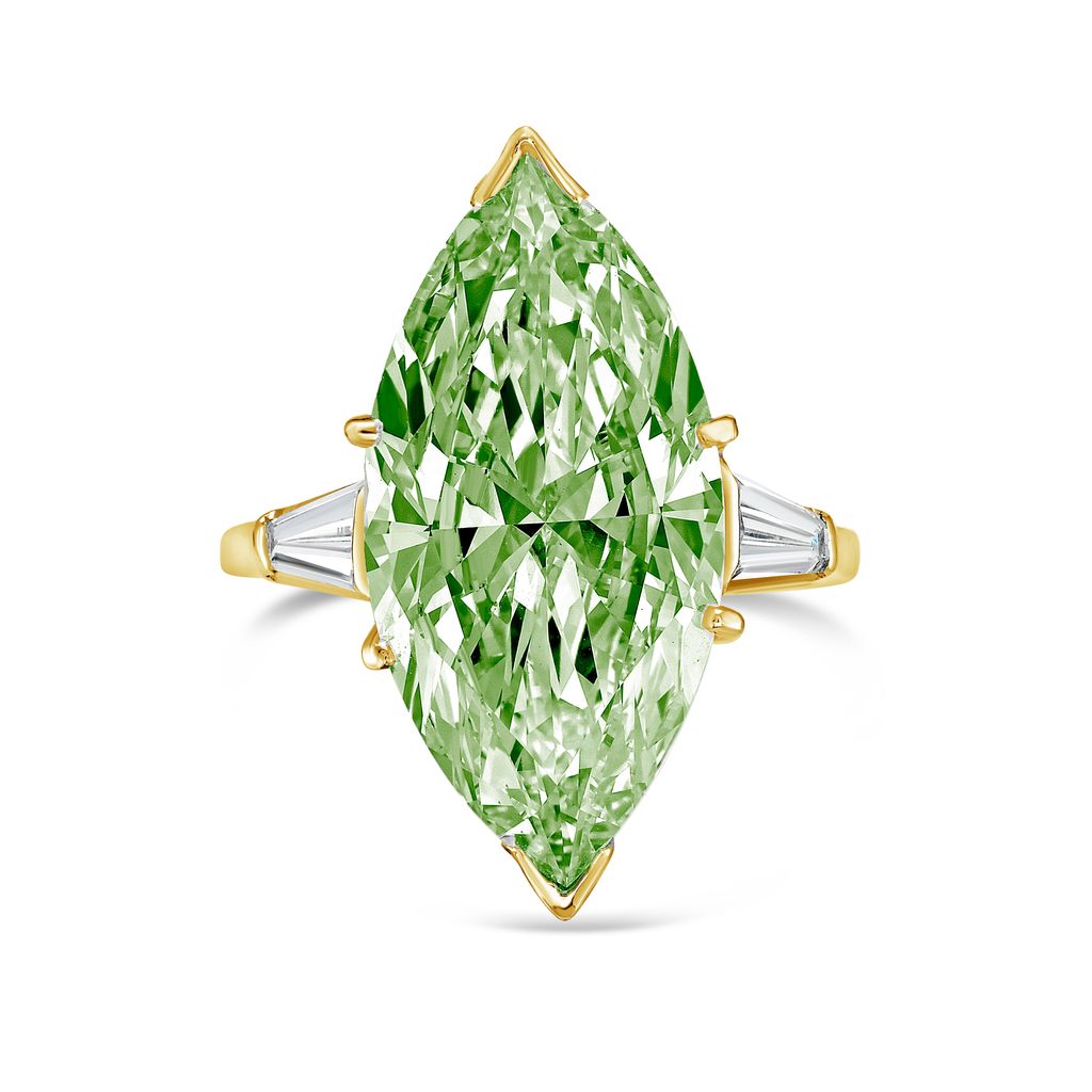 Lab-Grown Green Marquise Diamond Ring with Baguettes, 14k Gold