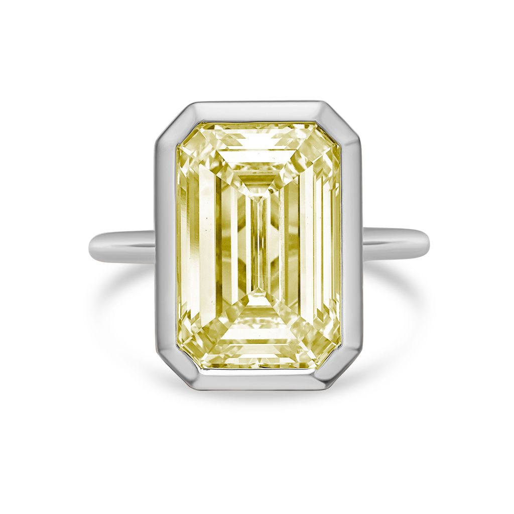 Lab-Grown Yellow Emerald Cut Diamond Bezel Solitaire Ring, 14k Gold