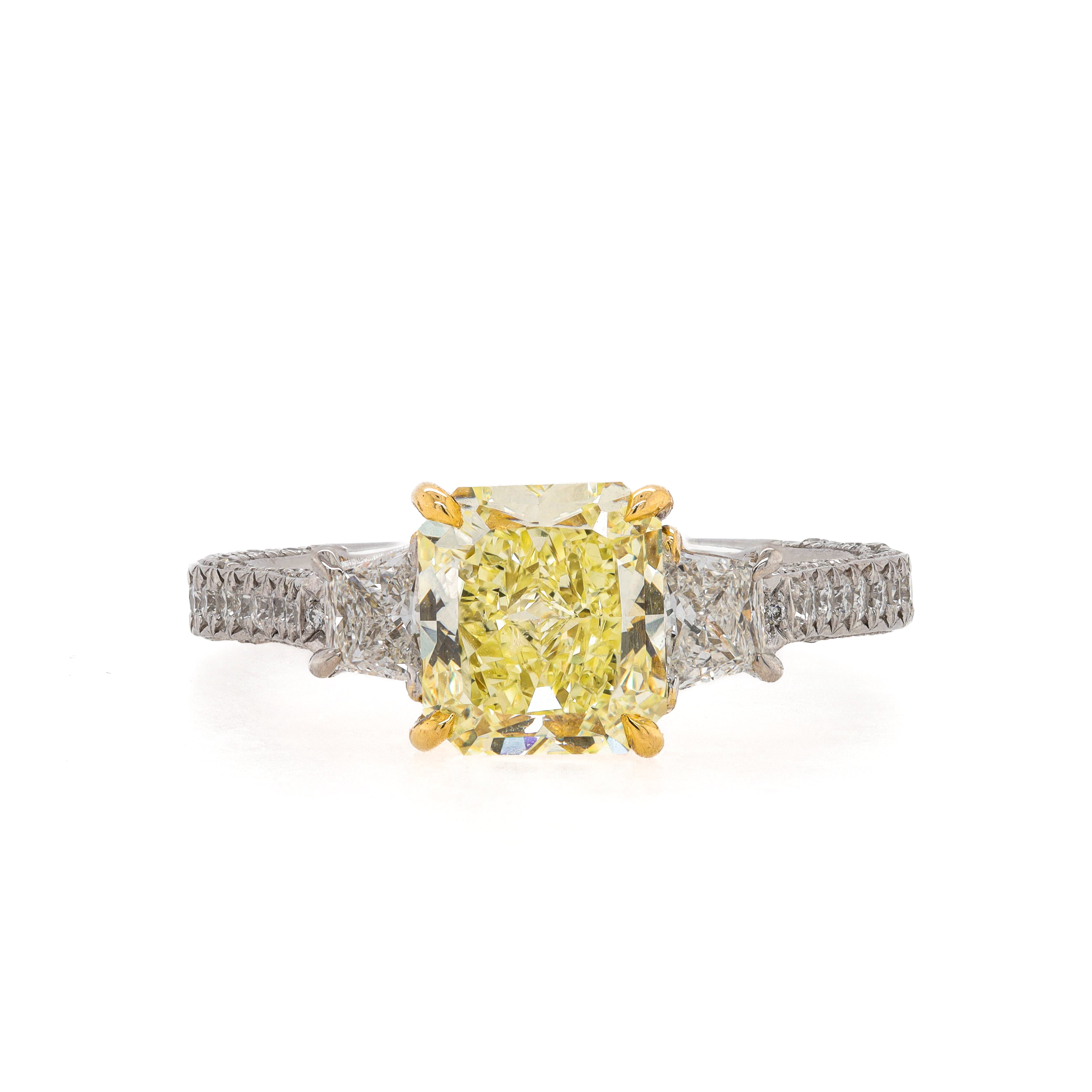 1.78ct Fancy Yellow Three Stone Radiant Cut Diamond Ring