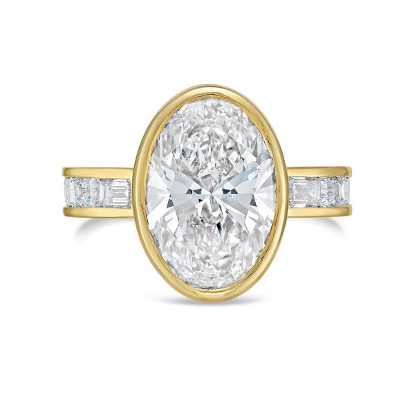 Lab Grown Bezel Oval Diamond Ring with Emerald Accents