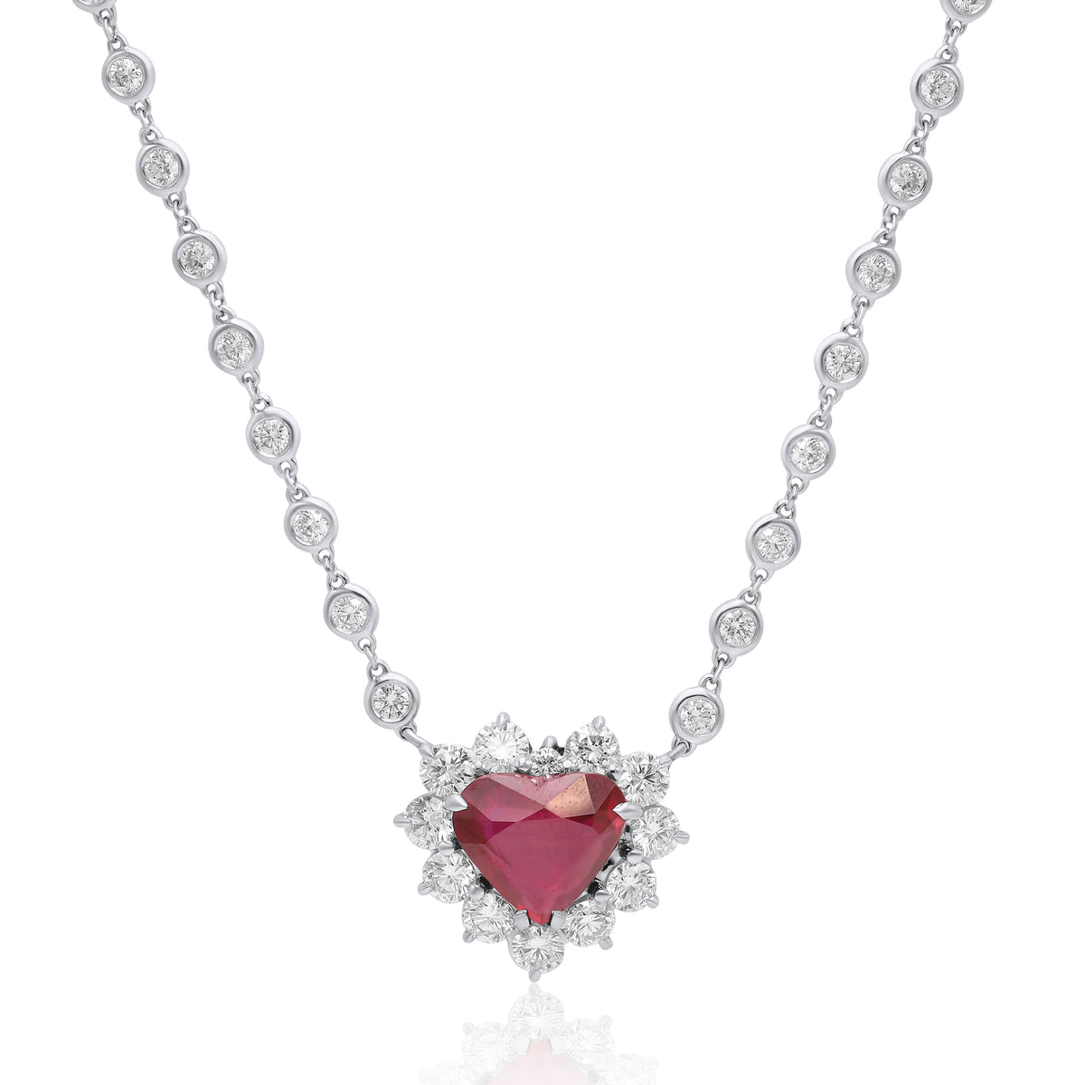Ruby Heart Halo Diamond Station Necklace, 18K White Gold